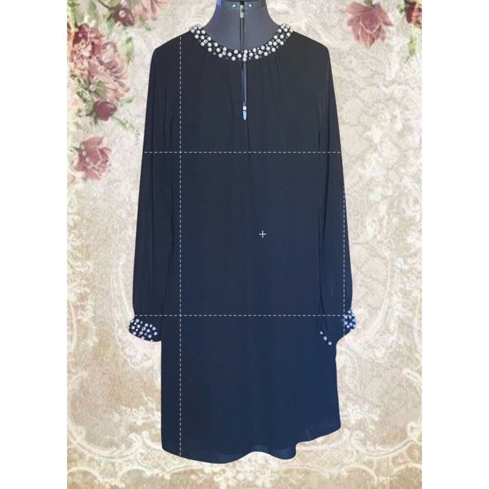 SLNY Black Pearl Embellished Shift Dress 12 Long Sleeve Cocktail Wedding Guest